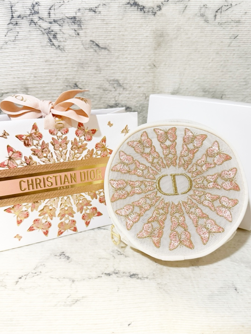 Dior Beauty Pink and Gold Butterfly Embroidered Round Pouch w/ Matching Gift Bag